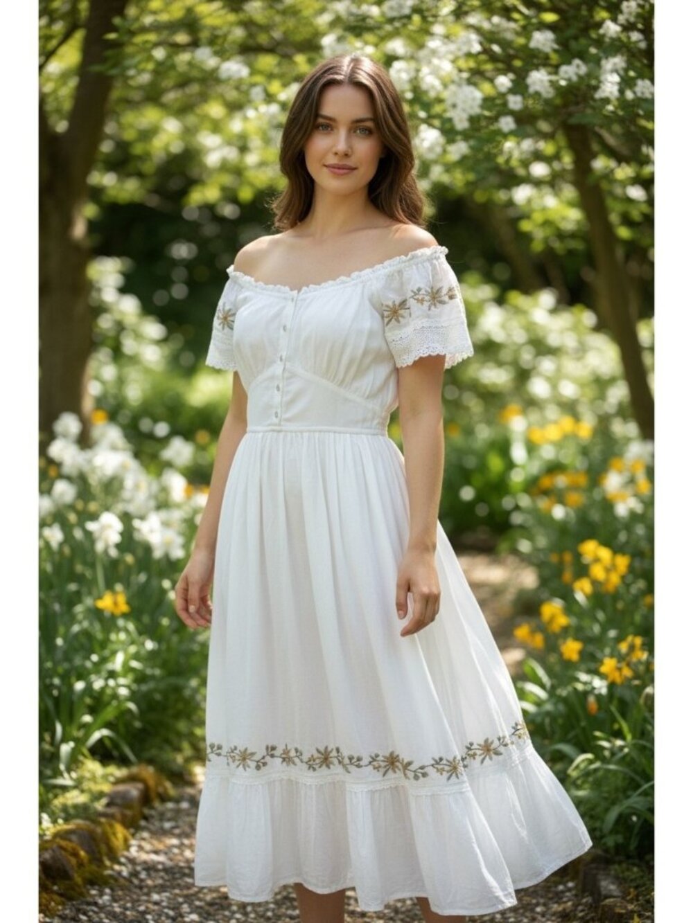 NWT Shop Stevie Romantic White Embroidered Boho Midi Dress Lace Trim Size L